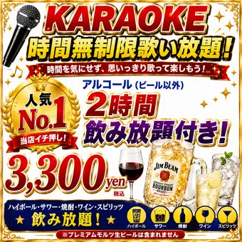 [Unlimited karaoke and 2 hours of all-you-can-drink alcohol (beer not included) course]