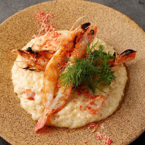 Charbroiled risotto with headed shrimp