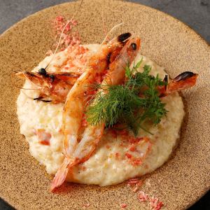 Charbroiled risotto with head-on shrimp