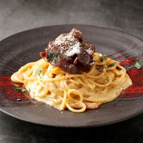 Charcoal grilled beef tongue carbonara