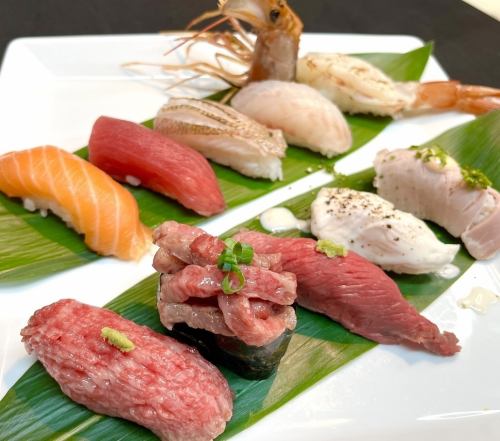 Creative meat sushi and high-quality original dishes showcasing the chef's craftsmanship