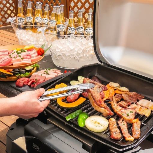 【2時間飲み放題付】☆全14品☆屋上テラスでお肉・野菜・海鮮の充実なBBQコース【5000円税抜】