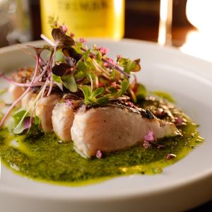 오늘의 생선 숯불 구운 카르파치오 일본 파슬리와 딜 소스