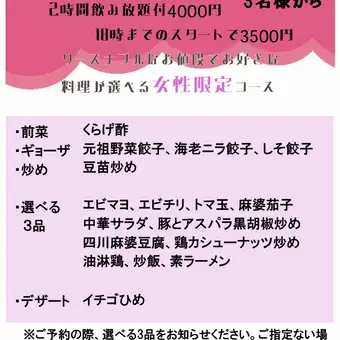 女士之夜套餐(僅限女性選擇菜餚):2小時,4000日元