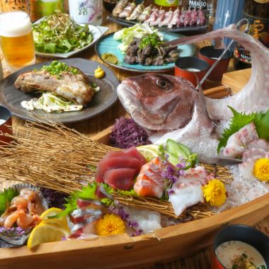 【豪華絢爛】2H飲み放題付♪選べるメインそーき網焼orもつ鍋・鮮魚舟盛・馬刺・串　全8品6500円