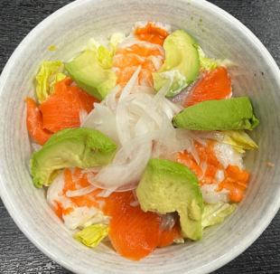 Shrimp, salmon and avocado rice bowl