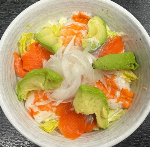 Shrimp, salmon and avocado rice bowl