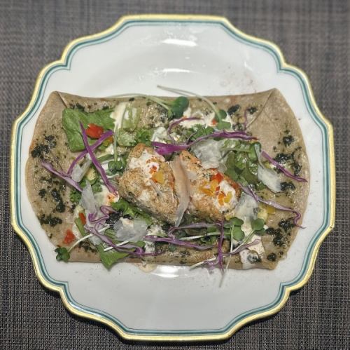 Grilled Sakura Trout with Parmesan Cheese and Japanese-style Galette with Perilla Sauce