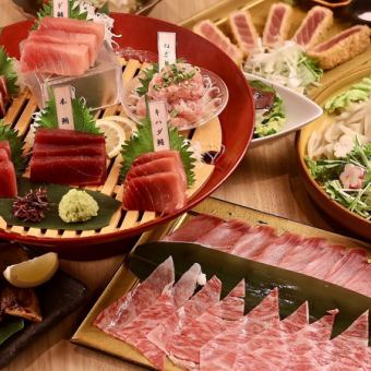 ≪個室確約≫【牡丹～ぼたん～】鮪肉六点盛り＆霜降り和牛と鮪のしゃぶすき３時間飲み放題8000円