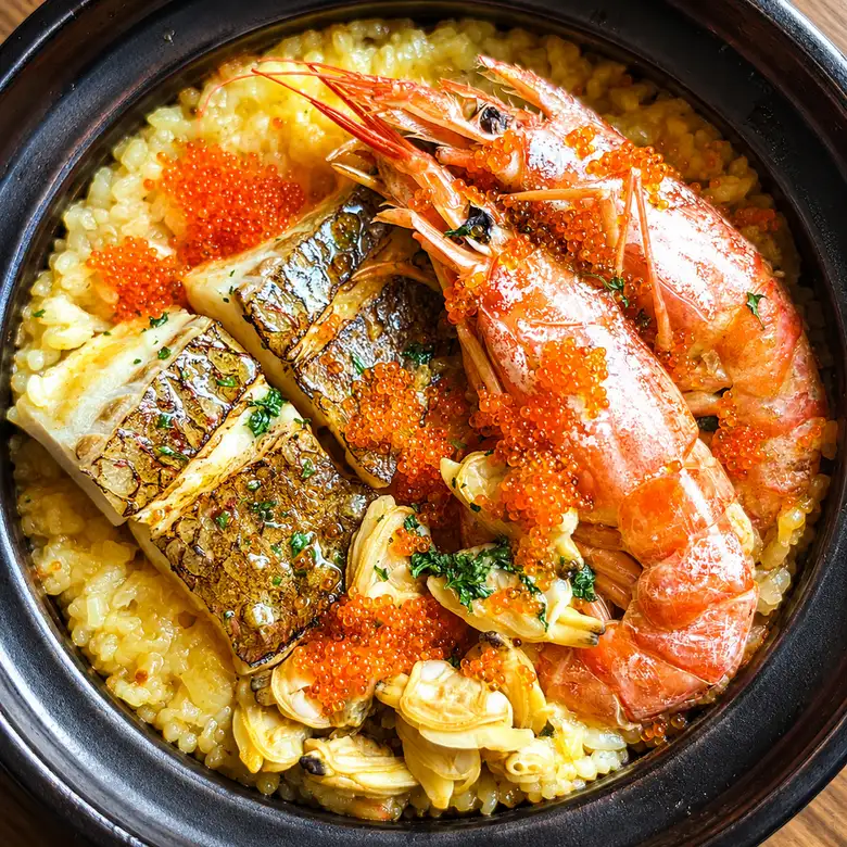 本日の昆布締め鮮魚と赤海老の土鍋パエリア