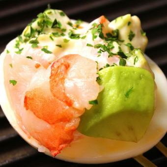 Soft-boiled egg and shrimp avocado