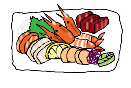 每天以低价供应新鲜度极高的生鱼片 金枪鱼、水煮章鱼、酱油、绣球花等。