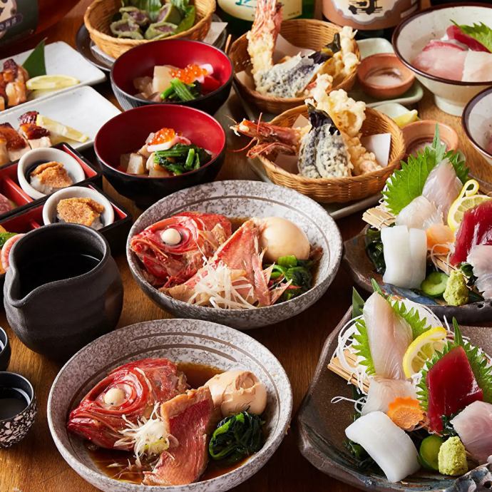 3H飲放】刺盛り「特上」×金目鯛煮付けや天麩羅に海鮮ちらし含む全8品