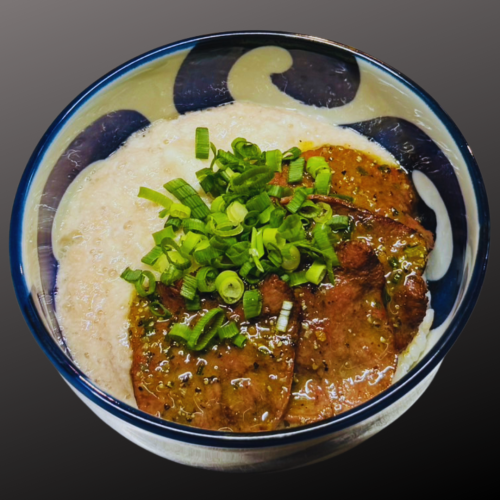 Beef tongue and grated yam rice with barley