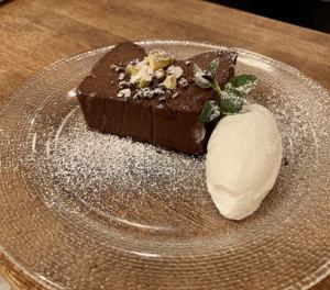 Chocolate terrine with pistachios and cocoa nibs