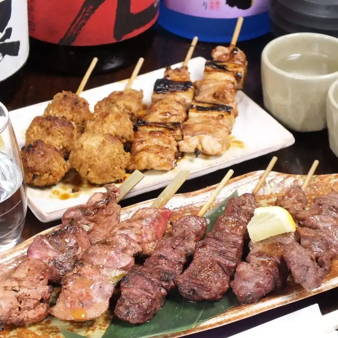 素材が違います 贅沢串コース 5本盛り合わせ1200円 980円 税込 炭火串焼厨房 くふ楽 西船橋店