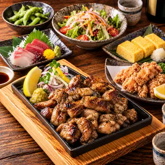 ■2-hour all-you-can-drink "Banquet Course" featuring Nagoya Cochin chicken grilled in black sauce and tuna served in a masu (wooden box) (7 dishes total) 4000 yen ⇒ 3500 yen