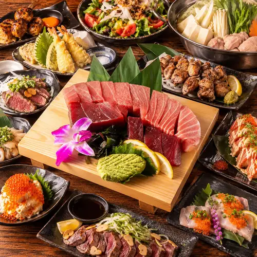 ■海の幸と大地の恵みが競演！極上マグロの濃厚な旨味と香ばしい地鶏を味わい尽くす贅沢忘年会コース！