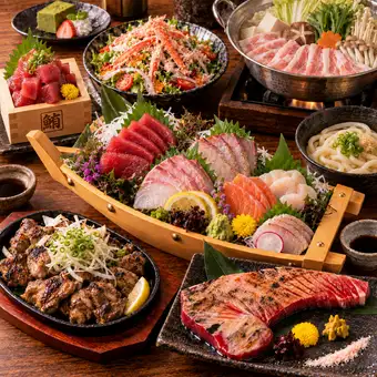 ■3-hour all-you-can-drink "Shabu-Shabu Course" with 5 kinds of sashimi, black grilled dishes, and cross-section sashimi steak (8 dishes in total) 5500 yen ⇒ 4500 yen