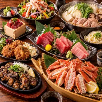 ■3-hour all-you-can-drink "Chicken Sukiyaki Hot Pot Course" with 3 types of bluefin tuna, grilled tuna, and snow crab platter (9 dishes in total) 6000 yen ⇒ 5000 yen