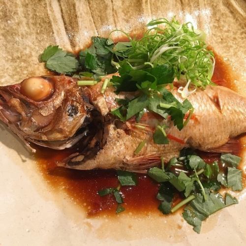Whole simmered rosy seabass