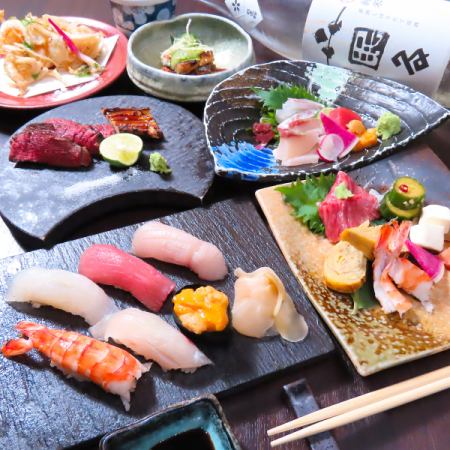 [娛樂休閒...]豪華壽司餐廳套餐，含120分鐘無限暢飲，共8道菜品10,500日元