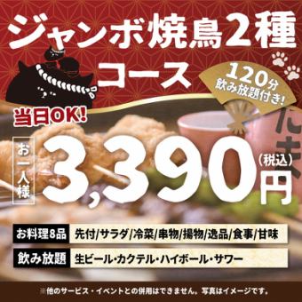 <12月/1月/2月>【当日OK】ジャンボ焼鳥２種コース【120分生ビール込飲み放題付】