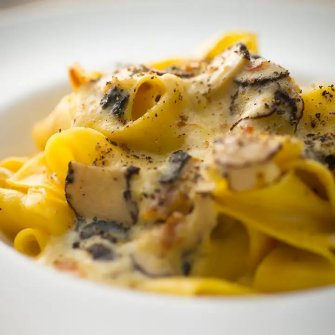 Pappardelle Carbonara with lots of black truffles