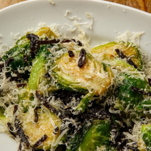 Brussel sprout frit, salted kelp and parmigiano