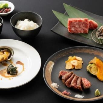 【蝦夷鮑＆国産牛ランチ】国産牛のほか、鉄板で踊る活け蝦夷鮑を堪能￥7,500