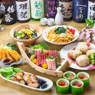 3H飲放│照り焼きチキンと厚切りハムカツ！極上刺身と焼きうどんの全7品『団らんコース』4,000円