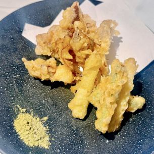 Firefly squid and asparagus tempura with matcha salt