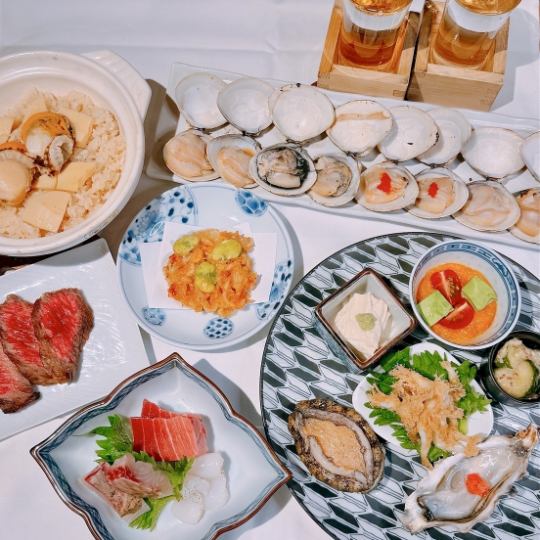 【飲み放題付】贅沢コース(はまぐり8ヶ・お椀・八寸・お造り・揚げ物・炭火焼・お食事・甘味)
