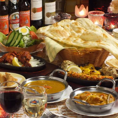 当日14時迄受付！飲み放題2時間付インド料理10品￥4400