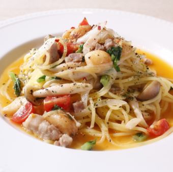 Homemade smoked pork and local vegetable peperoncino