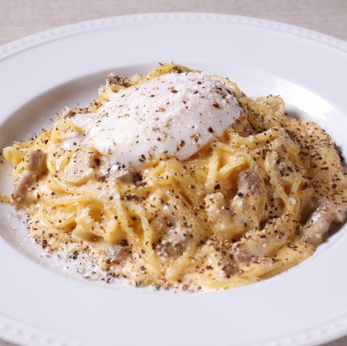 Carbonara with home-smoked bacon and soft-boiled egg