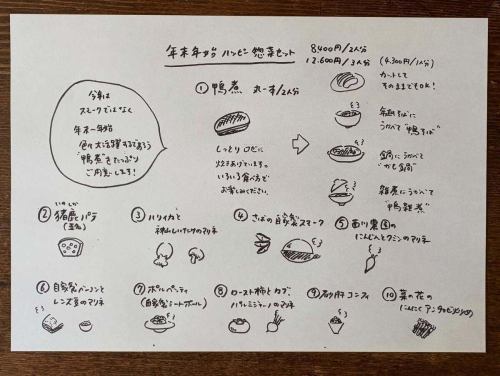【年末年始のテイクアウトご予約について】
※追記　12/31お渡し分は受付終了しました。12/30、1/1〜1/3分はまだ少し余力ありますので引き続き受付中です💁‍♀️

本日より、年末年始（12/30〜1/3）テイクアウトのご予約をLINEにて受付開始いたします。

ミヤモト惣菜店は今年も年末年始営業します。
小さな厨房で一品ずつ丁寧に手作りするため、
ご用意できる数に限りがございます🙇‍♀️

大切なご家族・ご友人との集まりに、
当店のお惣菜をお選びいただければ幸いです。

⸻

【年末年始限定メニュー】（12/30〜1/3）

※税込価格

① 年末年始ハッピーお惣菜セット

1人前 4,300円／2人前 8,400円／3人前 12,600円〜
（料理内容は画像をご覧ください）

② 鴨煮（丸一本／真空パック）

180g 2,340円
※①のセットにも鴨煮が含まれています。

⸻

【鴨煮の保存方法】

鴨煮は真空パックでお渡しします。
未開封の場合は 冷蔵で2〜3日 おいしくお召し上がりいただけます。

開封・カット後は風味が落ちやすいため、
なるべく早めにお召し上がりください。

【ご注文前に必ずご確認ください】

● 12/30〜1/3は単品注文は不可
→「ハッピーお惣菜セット」「鴨煮」のみ販売

● ご予約はメッセージ先着順
返信まで2〜3日お時間をいただく場合があります。
予定数に達し次第受付終了します。

● ご予約時に必要な内容
①お名前
②TEL
③受取希望日・時間
④ご注文内容

● 添加物不使用のため、できる限り当日中にお召し上がりください。

● セットの詰め方
通常：品ごとに人数分をパック
1人前のみ：折り箱スタイル
折り箱をご希望の方は
**「1人前 × ◯名分」**とご注文ください。

●イラストにある鍋やそばはセットに含まれておりません。鴨煮の応用アイデアです。（念のため…）

●仕入れ状況によって一部メニュー変更になる場合がございます。

● 価格について
材料・包材の高騰により、今年は価格を改定しております。ご了承いただけますと幸いです。

⸻

【12月・年始の営業予定】

◎ 12/30・31
予約テイクアウトのみ（13:00〜17:00）

◎ 1/1
予約テイクアウトのみ（11:00〜15:00）

◎ 1/2〜1/4
お正月特別営業（13:00〜17:00／昼呑み＆テイクアウト）