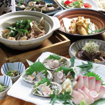 真鯛あらと貝の酒蒸し、お造り3種、サーモンの葱ごま等日本酒飲み放題付き★月～木曜日コース