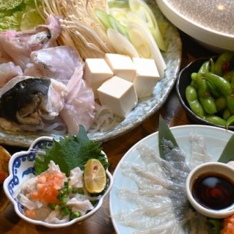 [老虎河豚套裝行程] 包括tetchiri、tessa、河豚teppi和其他兩種配菜，以及90分鐘的無限量暢飲。