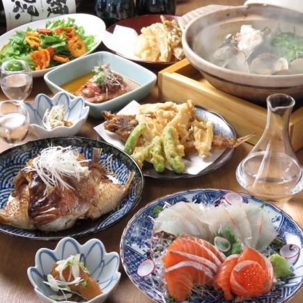 日曜日、祝日限定コース!お造り、絶品酒蒸しにレア肝、旬魚の煮付け等日本酒飲み放題付き