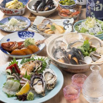 ２，３月とよ新、季節コース！活け鮑とお造り4種、金目鯛と蛤の酒蒸し蛤とタラ白子のバター醤油