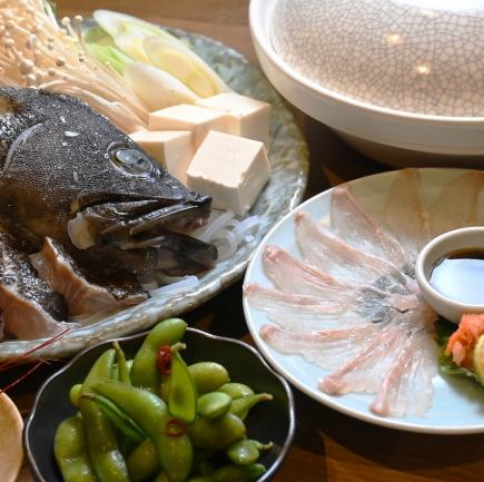 【クエ鍋コース】クエ鍋やてっさ、天ぷら等、クエ尽くしコースです。90分飲み放題付き