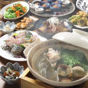 【歓迎会】定番コース！アワビとお造り3種、桜鯛のアラと貝の酒蒸し、桜鯛とヒラメのてっさ等