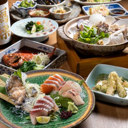 【6・7月】定番コース！アワビとお造り3種、ハモと貝の酒蒸し、カンパチの胡麻刺し等飲み放題付
