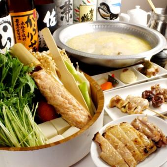 【만끽 망년회 코스】백탁 수프의 특제 물 밥 냄비나 야키토리 등 ◆150분 음료 무제한 포함 전 6품 7300엔(부가세 포함)