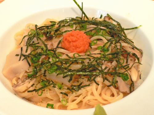 Pasta with mentai, namafu and maitake mushrooms