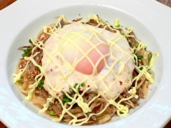 Kinpira burdock topped with tuna mayonnaise and hot egg