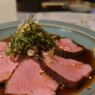 Beef tongue sashimi with Kyushu-style soy sauce