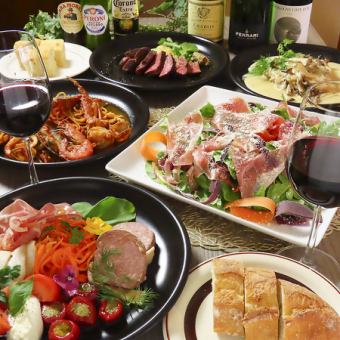 【宴会套餐】包含7道菜，包括现场制作的自制马苏里拉奶酪和意面，以及2小时无限畅饮，价格为6000日元