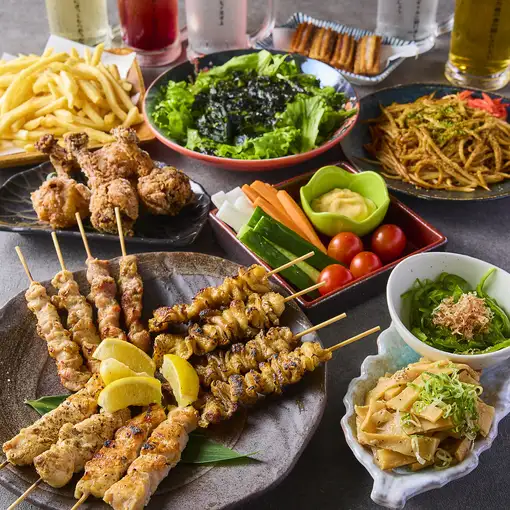 [Premium Course] Creative skewers and spicy fried chicken on the bone ◎ 8 dishes with draft beer and 3 hours of all-you-can-drink 5500 yen ⇒ 4500 yen